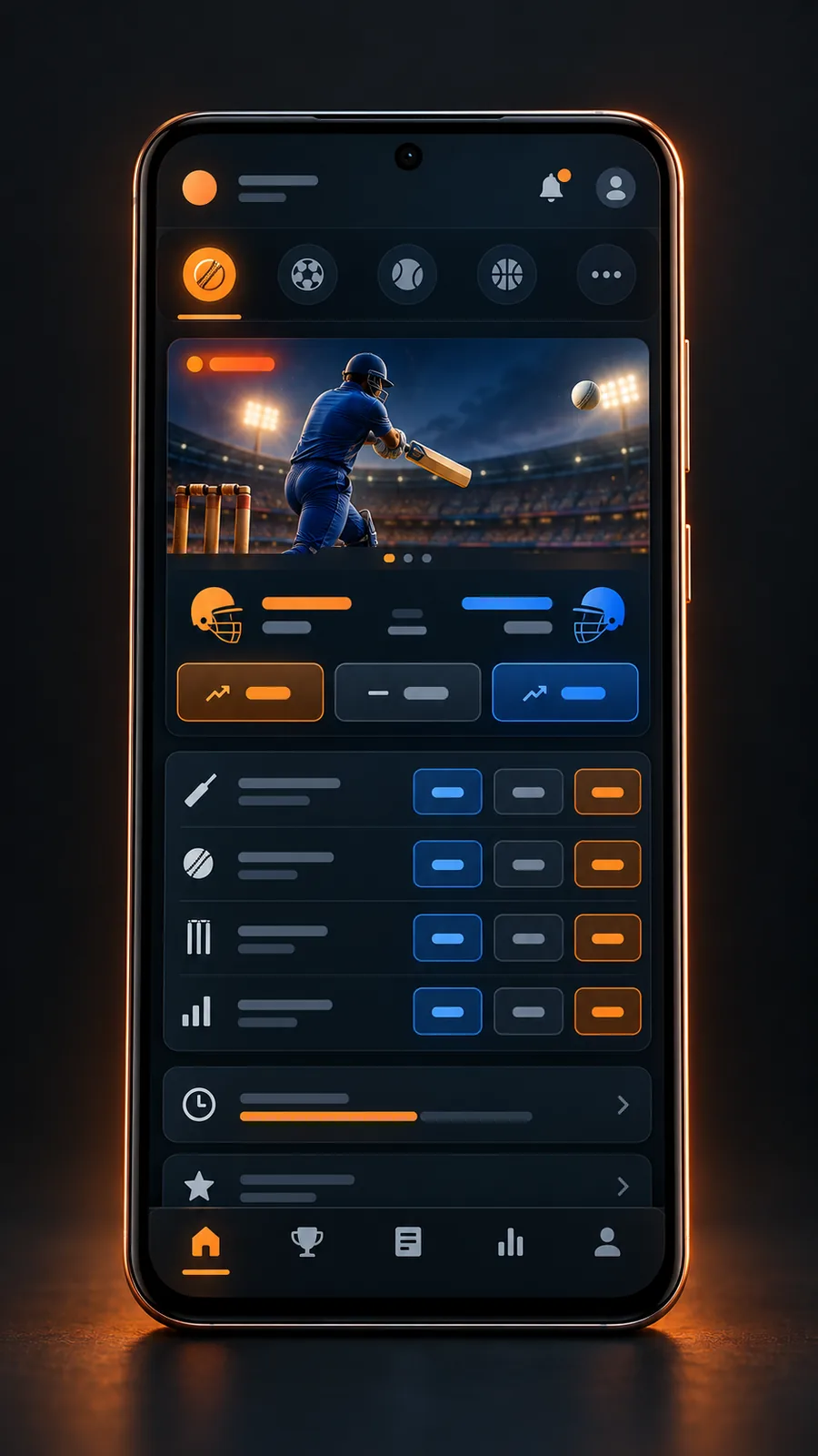 4Rabet app on an Android phone showing live cricket betting markets